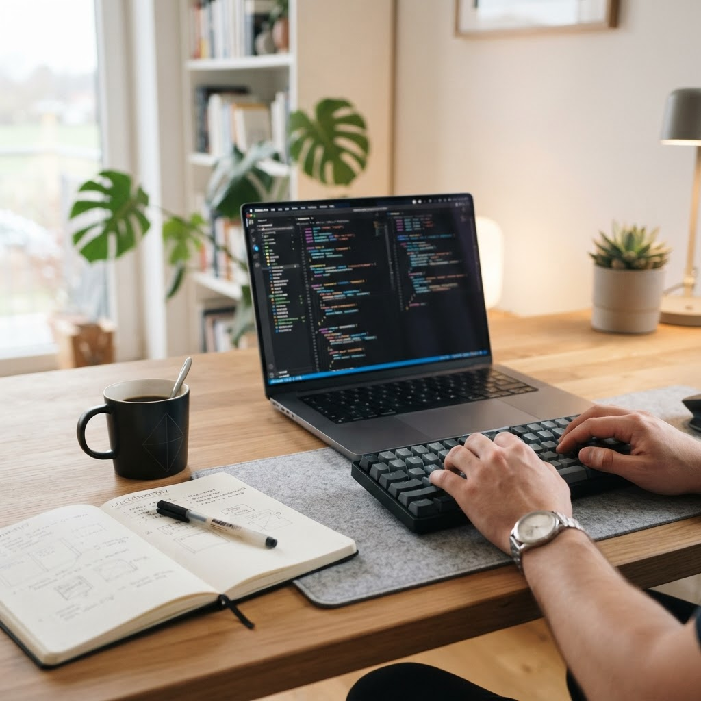 A developer workspace with code on a laptop